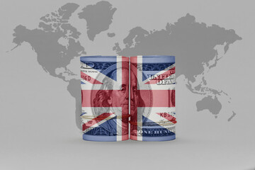 national flag of great britain on the dollar money banknote on the world map background .3d illustration