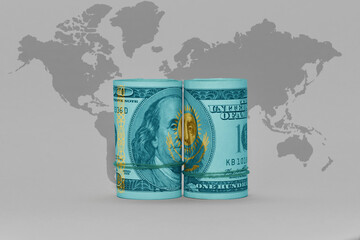 national flag of kazakhstan on the dollar money banknote on the world map background .3d illustration