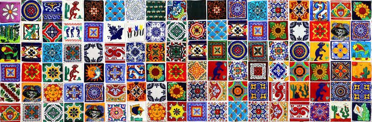 Mexican ceramic retro tile. Multicolored bright colorful background. Banner format. - 541879597