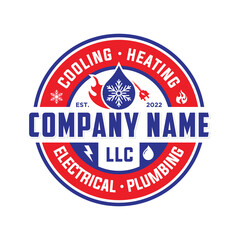 Circular cooling and heating logo, Electrical plumbing logo emblem design in blue and red color. Icon fire, electric socket design vector, snowflake, storm, dripping water, home service logo modern