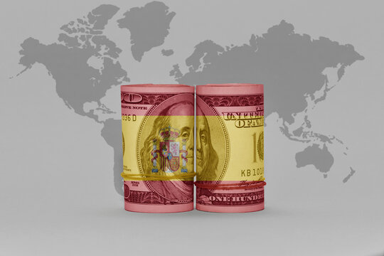 national flag of spain on the dollar money banknote on the world map background .3d illustration
