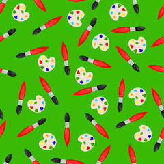 Seamless pattern with a paint brush and a palette on a green background. school pattern.