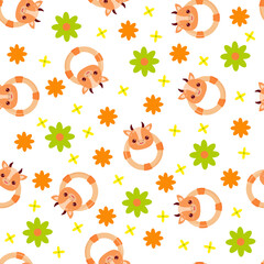 Seamless pattern with animals on a white background. A pattern with a baby rattle in the form of a cow. Kawaii animals