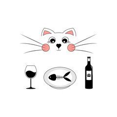 The cat drinks wine and eats fish.