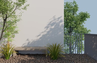 Outdoor empty wall background and with shadow daylight big tree exterior terrace with stone floor modern style.3d rendering