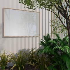 Outdoor picture frame mockup garden balcony with shadow day light.3d rendering
