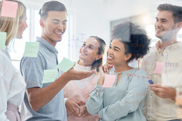 Fototapeta premium Sticky note, strategy and teamwork of business people in office on moodboard, storyboard or glass wall. Working, innovation and ideas of staff, group and leader planning together on vision board.