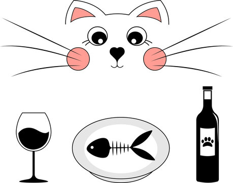 The cat drinks wine and eats fish.