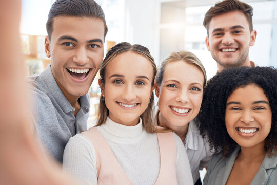Selfie, friends or teamwork with a business man and woman group posing for a picture in an office together. Meeting, success and collaboration with a male and female employee team taking a photograph
