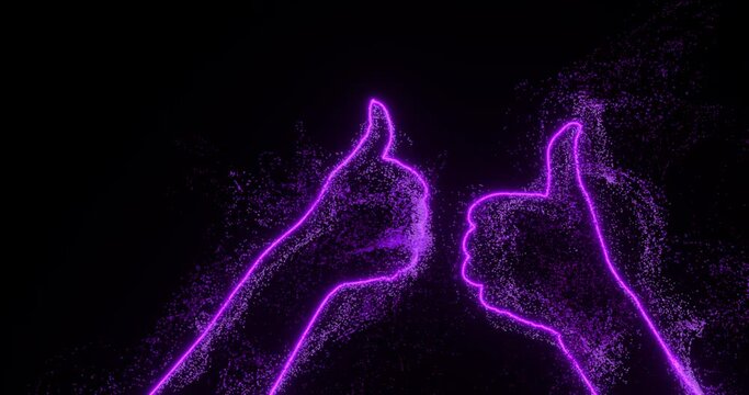 Contours of two hands show the thumbs up sign, 3d render vfx, neon color of the particles very peri silhouette. Abstraction, concept of consent, friendship, deal, everything is fine, super