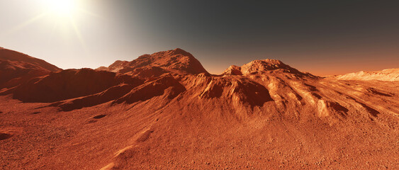 Fototapeta na wymiar Mars planet background, 3d render of imaginary mars planet terrain