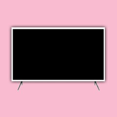Frontal view of wide screen internet tv, monitor isolated on white, pink, yellow background. Modern high definition tv. LCD flat monitor, tv with black empty screen. 