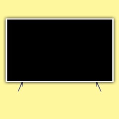 Frontal view of wide screen internet tv, monitor isolated on white, pink, yellow background. Modern high definition tv. LCD flat monitor, tv with black empty screen. 