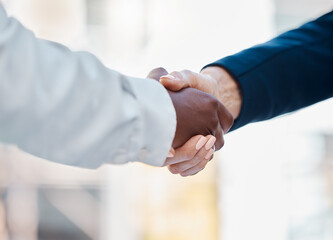 Handshake, partnership and collaboration for teamwork, contract agreement, business and close deal. Closeup, hand gesture and negotiation success for welcome, hiring and cooperation for project