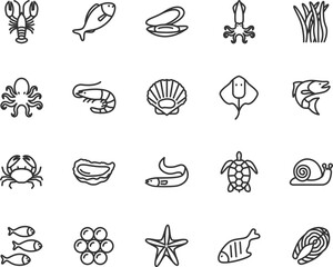 Vector set of seafood line icons. Contains icons fish, lobster, crab, octopus, shrimp, oyster, mussel, caviar, eel and more. Pixel perfect.