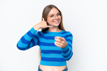 Young beautiful blonde woman isolated on white background making phone gesture and pointing front