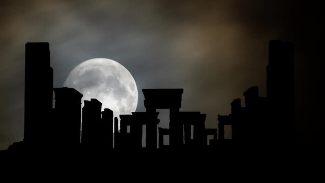 Persia Ancient Persepolis, Time Lapse by Night with Full Moon, Unesco Site in Iran