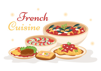 French Cuisine Restaurant with Various Traditional or National Food Dish of France on Flat Style Cartoon Hand Drawn Templates Illustration