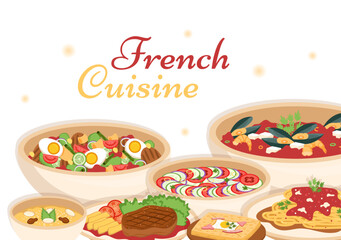 French Cuisine Restaurant with Various Traditional or National Food Dish of France on Flat Style Cartoon Hand Drawn Templates Illustration