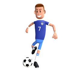 Soccer player 3D character. Football player kick the ball 