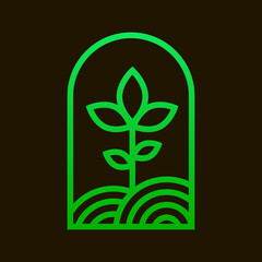 minimalistic line art green arc sign of sprout in the field in the style of stained glass