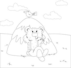 Coloring book with a bear in pants sitting by a haystack