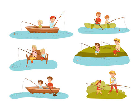 Parents and kids fishing with fishing rods set. Mom, dad and children sitting in boat and shore cartoon vector illustration