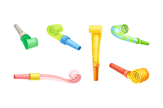 Bright party whistles set. Colorful birthday toys, pipe blowers for festive event celebration cartoon vector illustration