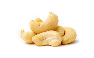 Cashew nuts as a background, top view. Cashew isolated on white background. Healthy foods.