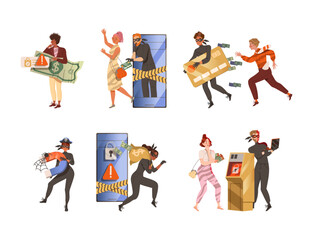 Fraudsters stealing money and credit card set. Online fraud, cybercrime, data hacking vector illustration