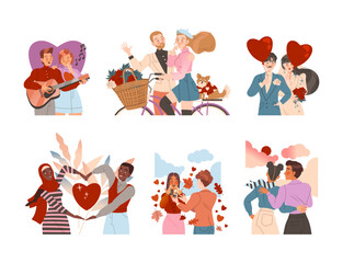 Happy romantic couple spending time together set. Lovers hugging, walking, riding bike and playing guitar vector illustration