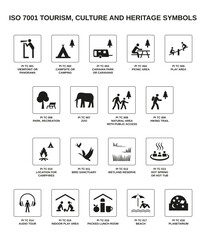 set of iso 7001 tourism, culture and heritage symbols on white background