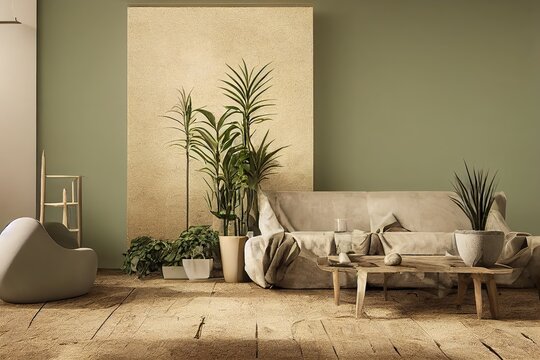 Desert style home with olive color wall and plants interior design illustration