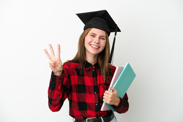 Young English student woman isolated on white background happy and counting three with fingers