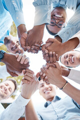 Low angle, business people and holding hands in support circle, community partnership or team...