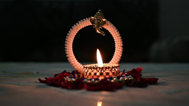 Diya decoration at an Indian house on the auspicious day of Great Indian Festival Diwali  