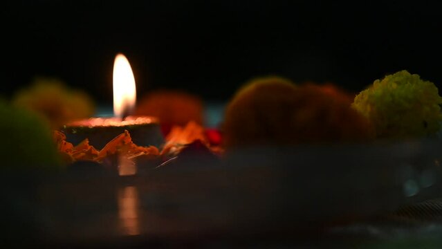 Diya decoration at an Indian house on the auspicious day of Great Indian Festival Diwali  