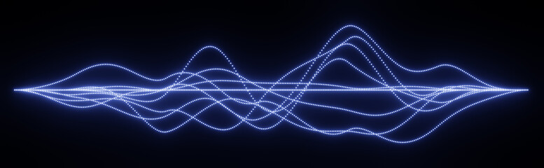 Blue 3D abstract wireframe sound waves, visualization of frequency dots signals audio wavelengths, futuristic technology waveform background with copy space for text