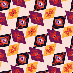 Awesome seamless pattern with esoteric eye different shapes, Magic, witchcraft, occult symbol, colorful line art. fabric, paper, textile. Vector Modern mythic graphic background illustration
