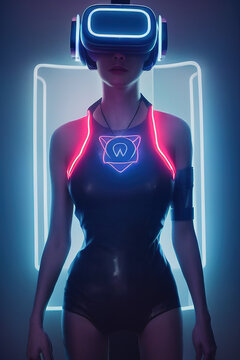 Spectacular futuristic woman in cyberpunk world with VR headset portrait  with glowing ultraviolet neon light ray. Digital art 3D illustration  cybergirl in bodysuit with futuristic glowing VR headset. Stock  Illustration | Adobe