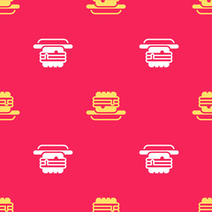 Yellow Junk food icon isolated seamless pattern on red background. Prohibited hot dog. No Fast food sign. Vector