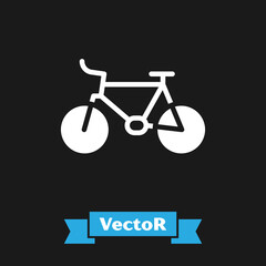 White Bicycle icon isolated on black background. Bike race. Extreme sport. Sport equipment. Vector