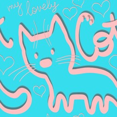 Fototapeta premium cat with a heart seamless abstract pattern background fabric fashion design print wrapping paper digital illustration texture wallpaper colorful print