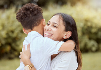 Love, nature and mother hugging child in park or garden with smile, family together on outdoor...