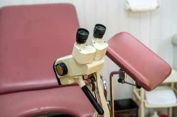 Gynecologist chair and equpment in present clinic.