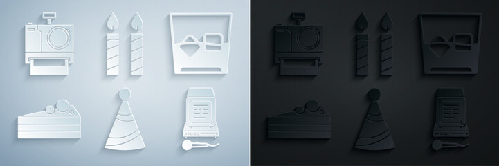 Set Party hat, Glass of whiskey and ice cubes, Cake, Karaoke, Birthday cake candles and Photo camera icon. Vector