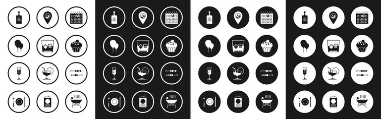 Set Detailed calendar, Glass of whiskey and ice cubes, Balloons with ribbon, Whiskey bottle, Muffin, Alcohol or beer bar location, Grilled shish kebab and champagne icon. Vector