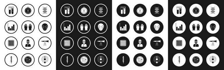 Set DNA symbol, Rubber gloves, Pie chart infographic, Test tube and flask chemical laboratory, Extraterrestrial alien face, Compass, Telescope and Processor icon. Vector