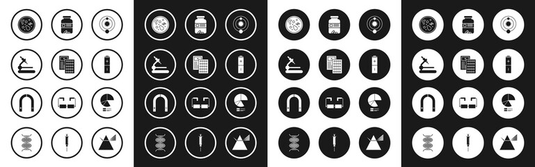 Set Solar system, Pills in blister pack, Microscope, Bacteria, Battery, Medicine bottle and pills, Pie chart infographic and Magnet icon. Vector