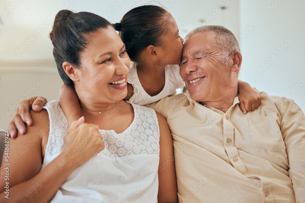 Poster Happy grandparents, smile with girl, kiss and hug and relax in retirement at house. Senior man, elderly woman and child affection together. Kid on holiday, laugh and happy with senior man and woman